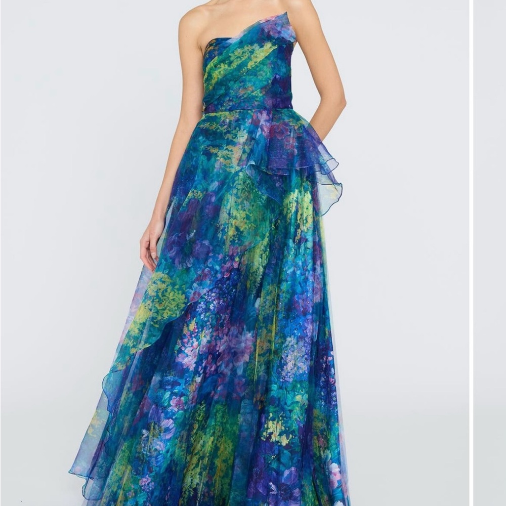 NWT Theia Taya Gown Strapless Blue-Green Floral Evening Gown Asymmetrical